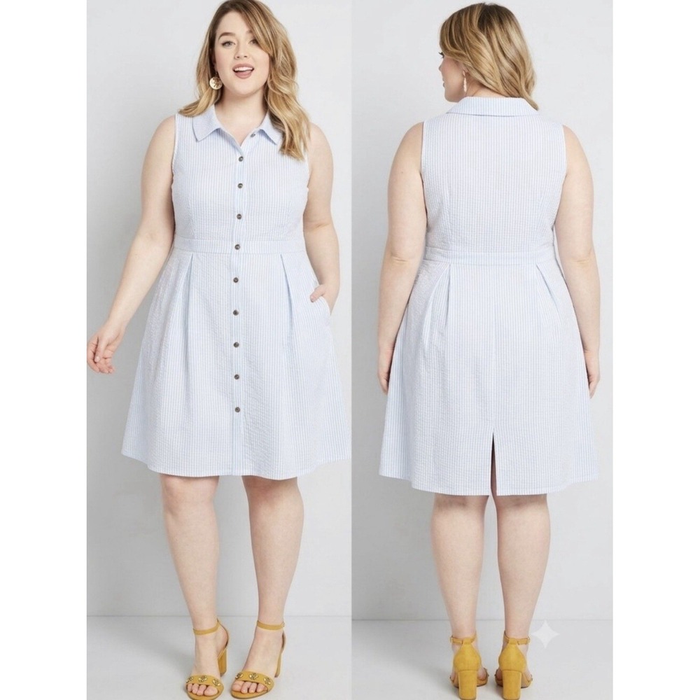 ModCloth‎ Seersucker Shirt Dress 12 Blue White Stripe Cotton Coastal Retro Party